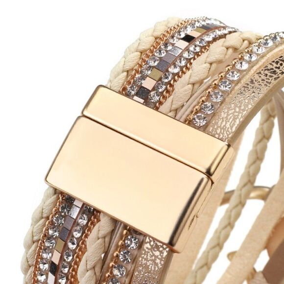 GOLD HEART MULTI LAYER LEATHER RESIN STONE & DIAMOND MAGNETIC CLOSURE BRACELET - Picture 6 of 11
